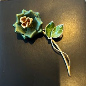 PRE LOVED vintage ENAMEL TEAL GREEN ROSE BROOCH green, and gold